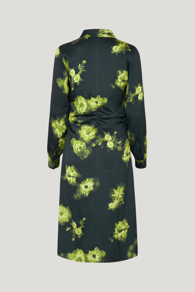 Abira Dress Green Margot Flower This midi-length shirt dress features button closures in the front, buttoned cuffs, and ruching at the sides for a flattering drape - back image
