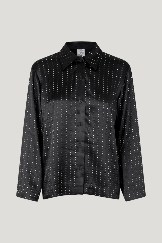 Mariko Shirt Black Crystal This soft, collared shirt features buttons closures in the front and crystal detailing throughout - front image