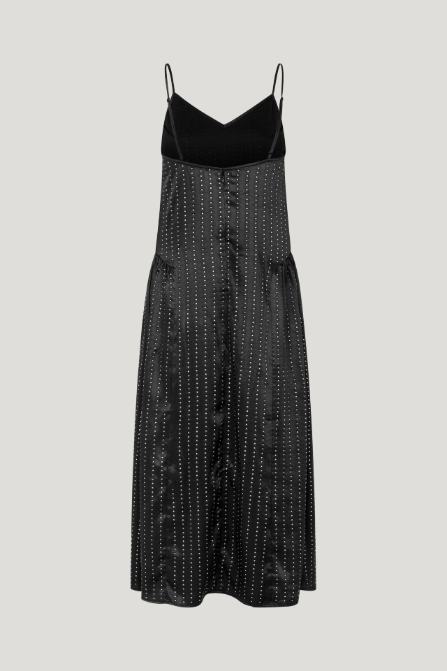 Adele Dress Black Crystal This midi-length, V-neck slip dress features adjustable straps, a zip closure in the back, and slightly gathered panels at the side for a flattering drape - back image