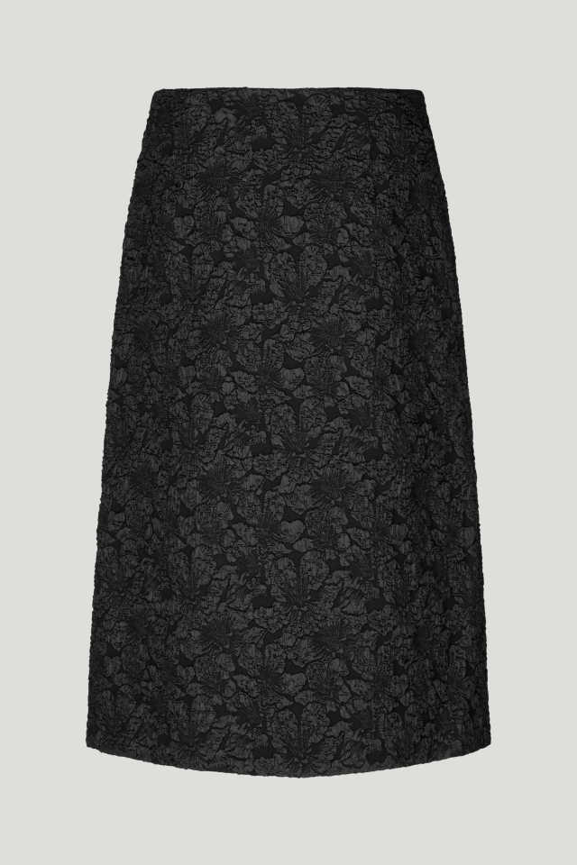 Sayona Skirt Black This midi-length, A-line jacquard skirt feature a zip closure at the side, button details at the side waist, and a deep slit at the front side - back image