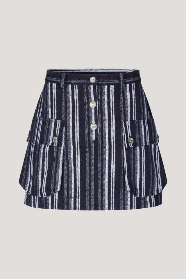 Sheza Skirt Inkling Blue Stripe This fitted miniskirt features a buttoned fly, patch pockets at the front, and a full lining - front image