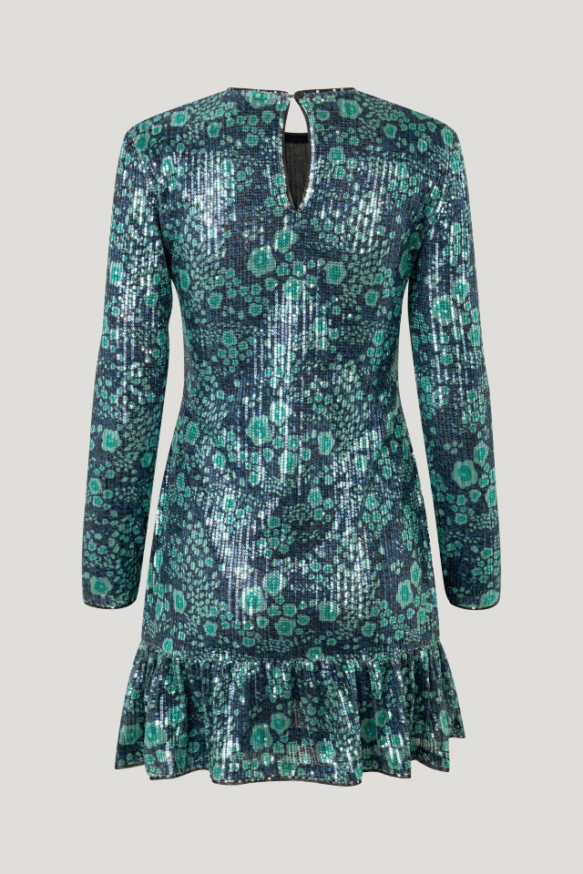 Janey Dress Green Sequince Flower This sequined minidress features a ruffle along the hem, full lining, and button closure at the back of the neck - back image