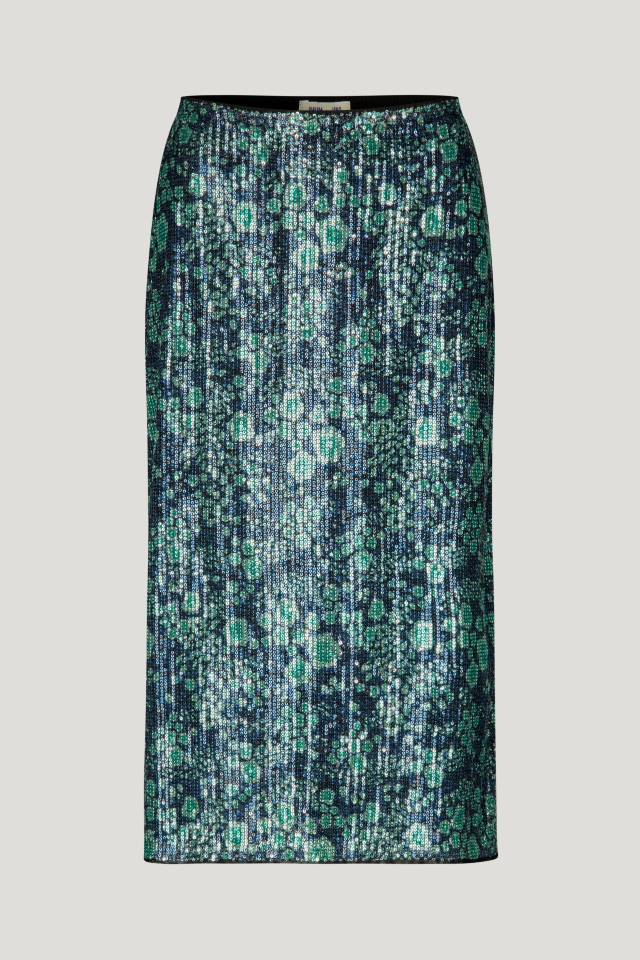 Jolette Skirt Green Sequince Flower This midi-length, sequined skirt has an elasticated waistband and a full lining - front image