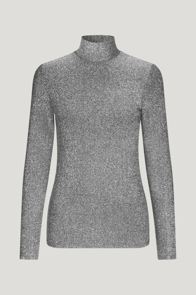 Jacka Blouse Shimmer Gray This metallic, stretchy top features a high neck and long sleeves - front image