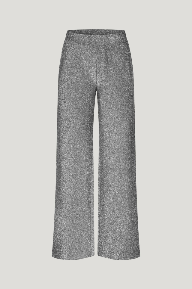 Jya Trousers Shimmer Gray These stretchy, straight-leg trousers feature an elasticated waistband, pockets at the sides and back, and belt loops at the waist - front image