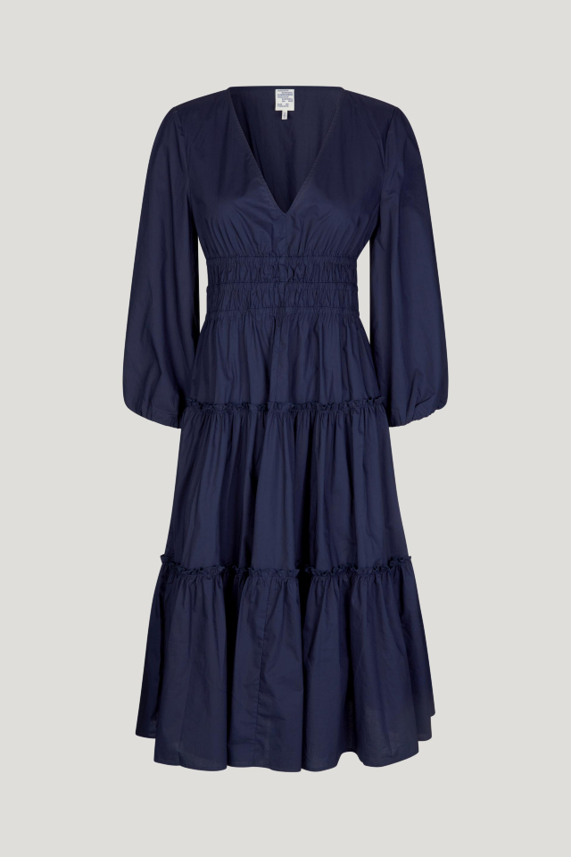 Amela Dress Inkling Blue This midi-length dress features a V-neckand elasticated smocking at the waist for a comfortable fit - front image