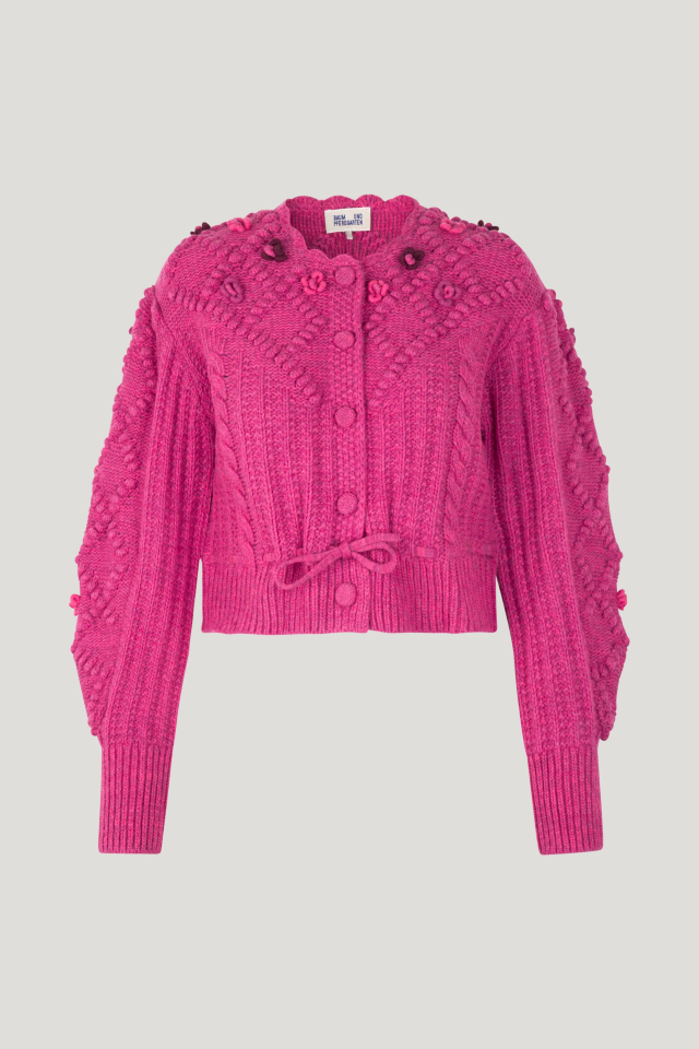 Cava Cardigan Rose Violet This thick knit, cropped cardigan features large button closures, a tie belt at the hem, and a scalloped neckline - front image