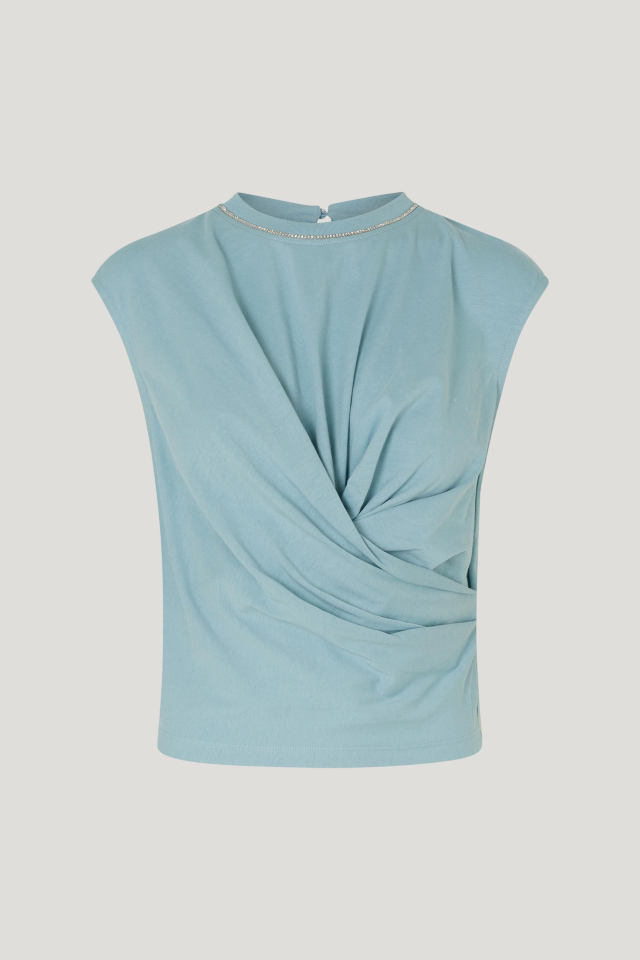 Jasrah Top Tourmaline Green  This sleeveless, cropped top features aflattering drape - front image