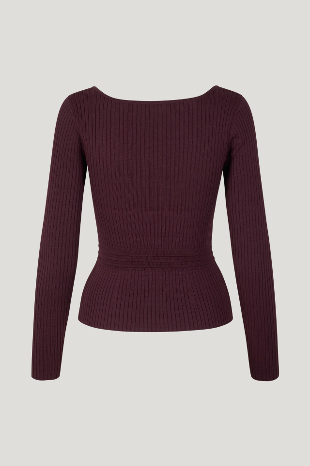 Cambria Sweater Darkest Burgundy This ultra stretchy knit top features a wide scoop neck, as well as ribbing at the sleeves and body - back image