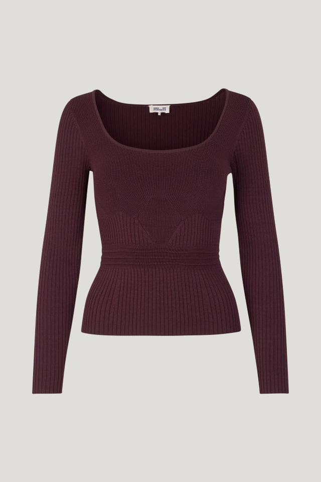 Cambria Sweater Darkest Burgundy This ultra stretchy knit top features a wide scoop neck, as well as ribbing at the sleeves and body - front image