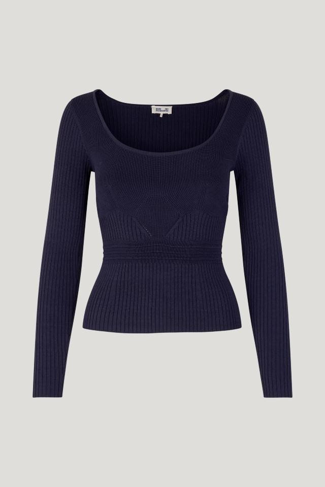 Cambria Sweater Inkling Blue This ultra stretchy knit top features a wide scoop neck, as well as ribbing at the sleeves and body - front image