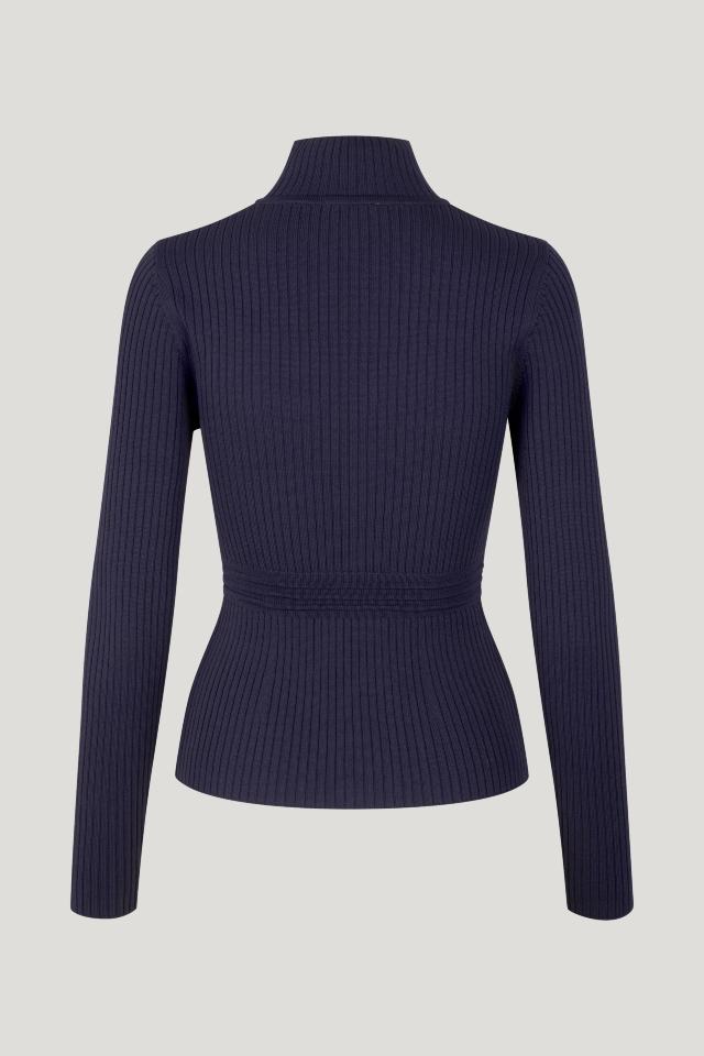 Carma Sweater Inkling Blue This ultra stretchy knit top features a high neck as well as ribbing at the neck, sleeves, and through the body - back image