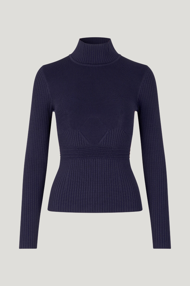 Carma Sweater Inkling Blue This ultra stretchy knit top features a high neck as well as ribbing at the neck, sleeves, and through the body - front image