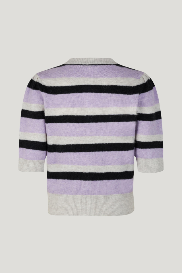 Carlee Cardigan Lavender Stripe This short sleeve, cropped knit cardigan features large button closures and slightly puffed sleeves - back image