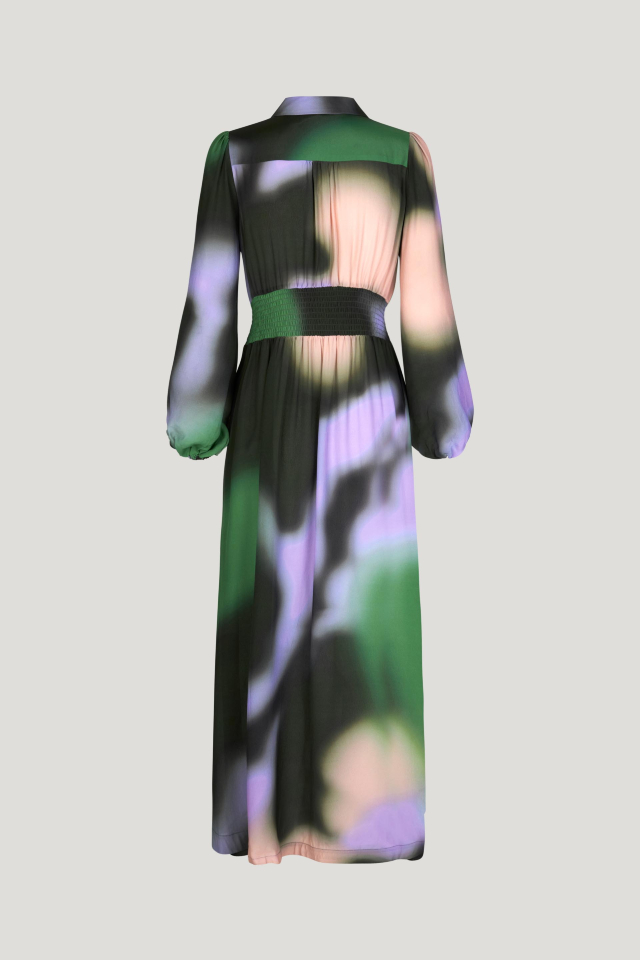 Amber Dress Green Fade This collared maxi dress features a button closure at the neckand stretchy smocking at the waist for a comfortable fit - back image