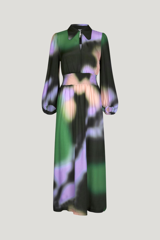 Amber Dress Green Fade This collared maxi dress features a button closure at the neckand stretchy smocking at the waist for a comfortable fit - front image