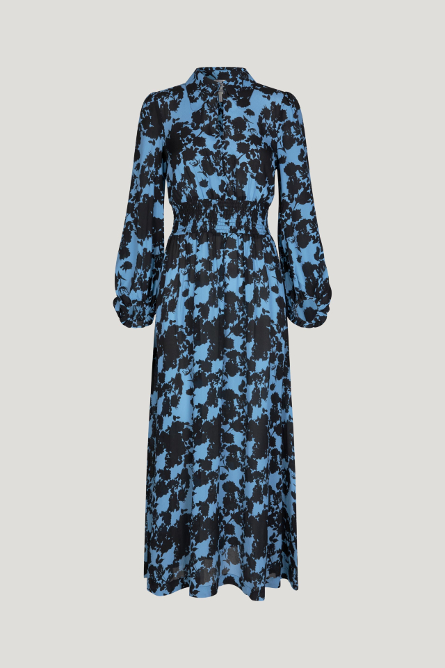 Amber Dress Blue Flower Jacquard This collared maxi dress features a button closure at the neckand stretchy smocking at the waist for a comfortable fit - front image