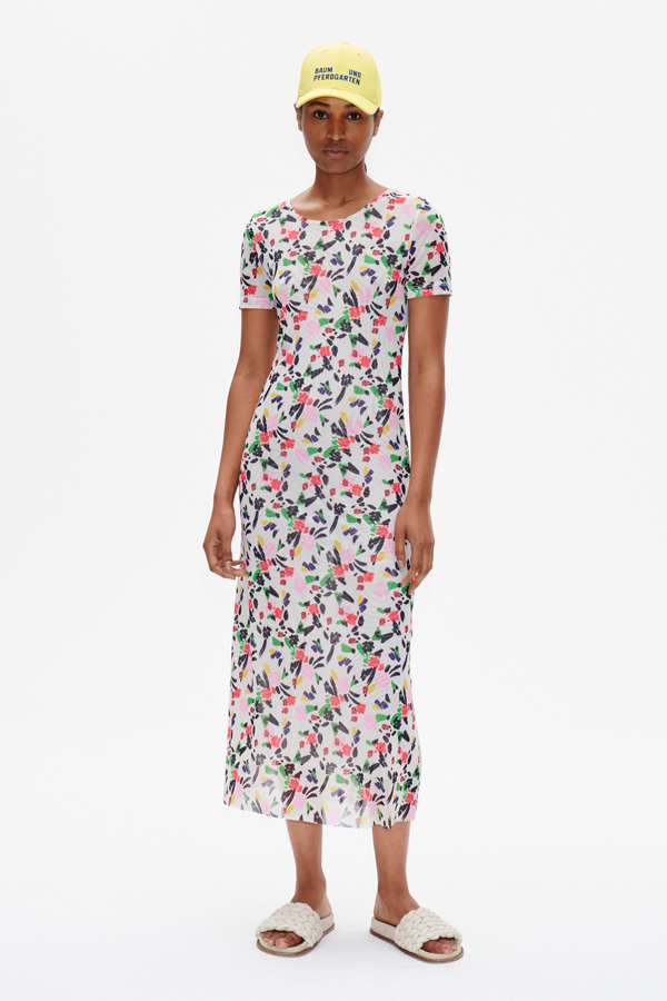 Jolea Dress Rose Dandy Flower A midi-length, mesh dress with a slight A-line silhouette and short sleeves - model image