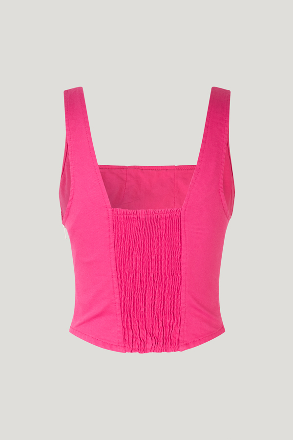 Milli Top Shocking Pink A corset-style, sleeveless denim top with a zip closure at the side and stretchy smocking at the back - back image