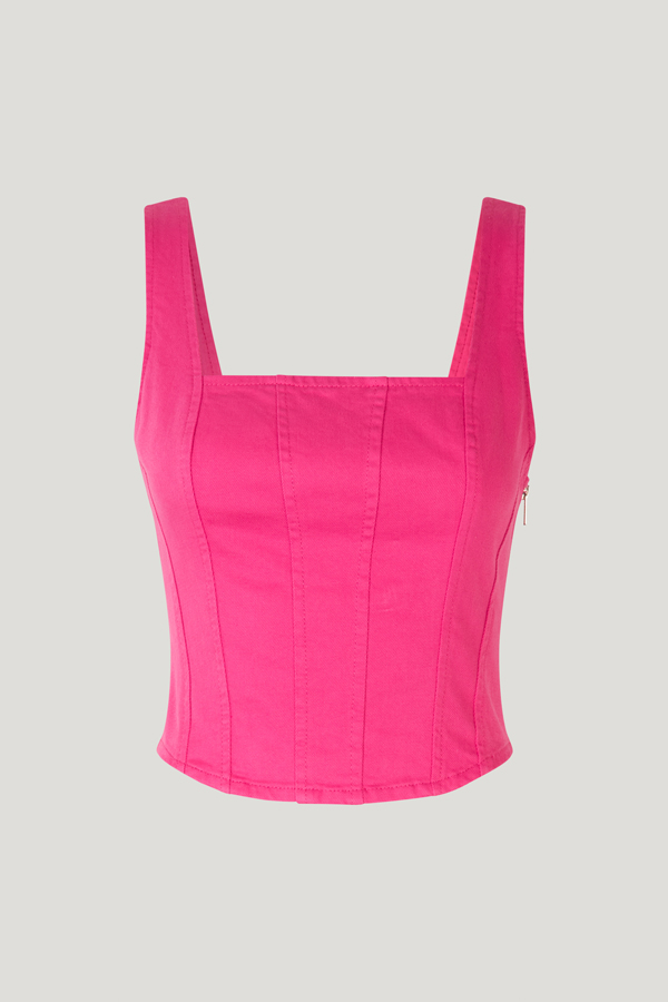 Milli Top Shocking Pink A corset-style, sleeveless denim top with a zip closure at the side and stretchy smocking at the back - front image