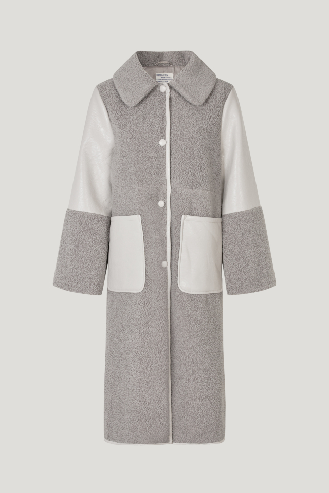 Dea Coat Opal Gray This oversized coat features faux shearling and faux leather panels - front image