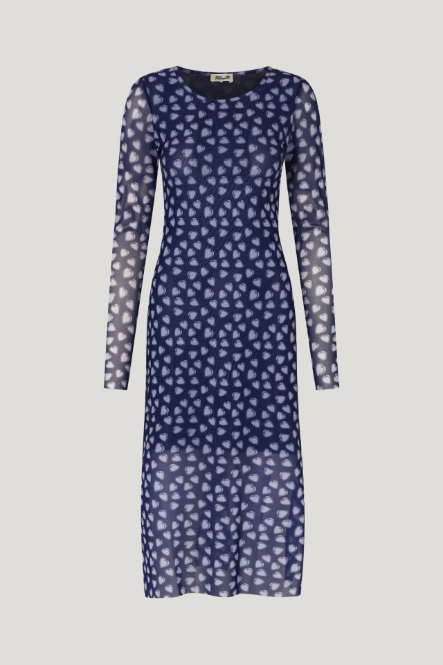 Jolanda Dress Navy Heart This soft, stretchy midi-length dress features a scoop neck, long sleeves, and slits at the sides - front image