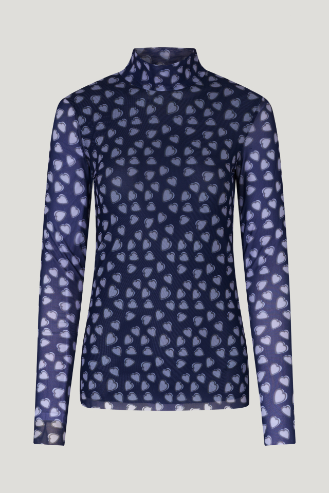Jodi Top Navy Heart This stretchy turtleneck top features sheer sleeves and an interior lining - front image
