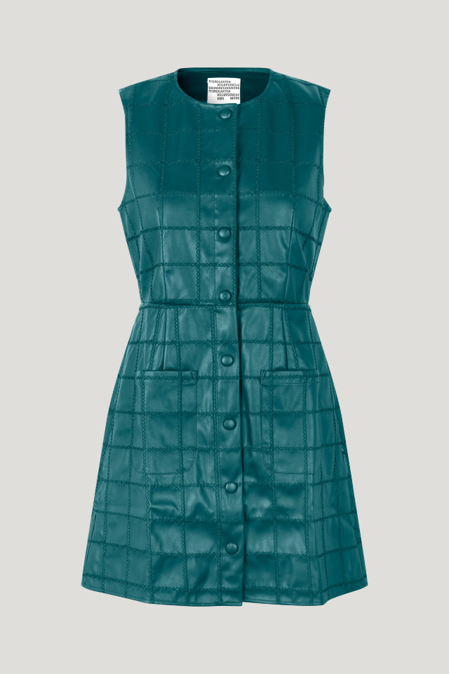 Anavi Dress Darkest Spruce Green This faux leather, A-line minidress features snap button closures in the front, patch pockets, and a full lining - front image