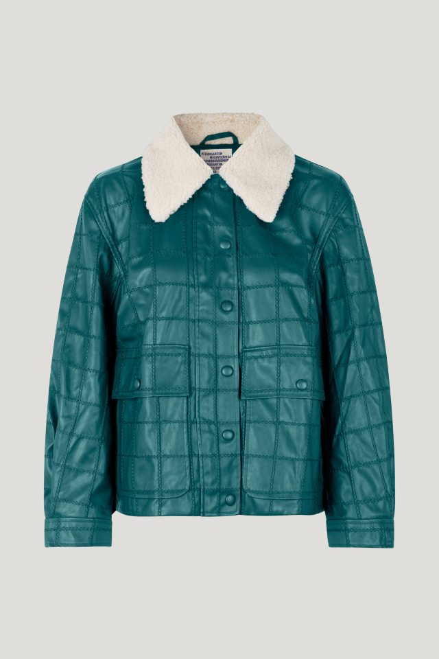 Betha Jacket Darkest Spruce Green This faux leather, bomber-style jacket has a faux shearling collar and embroidery detailing throughout - front image