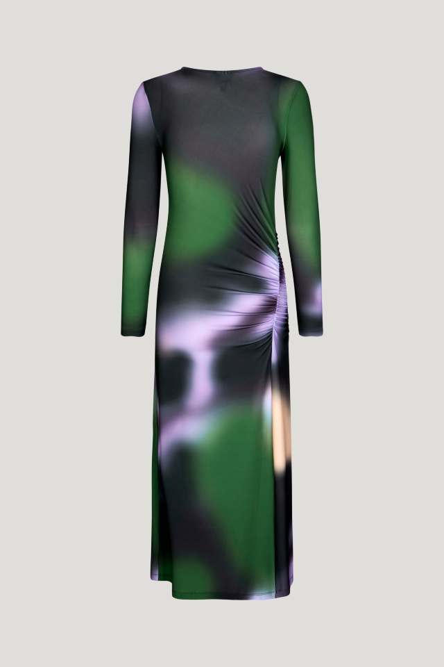 Jua Dress Green Fade This stretchy, soft midi-length dress features a V-neck, slit at the front side, and ruching at the side waist for a flattering drape - back image