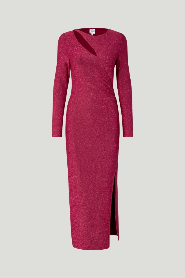 Jilliane Dress Shimmer Pink This stretchy, metallic maxi dress features a high slit at the front side, ruching at the waist for a flattering drape, and an asymmetrical keyhole opening at the side of the collarbone - front image