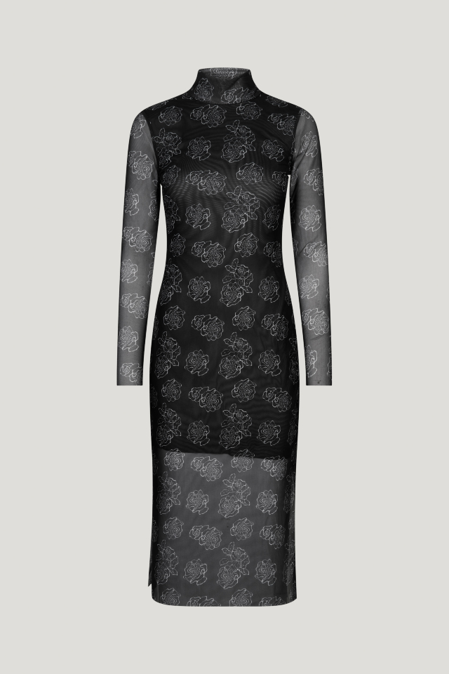 Jolain Dress Black Embroidery Flower This stretchy, mid-calf length turtleneck dress features slits at the sides and an interior slip to the knee - front image