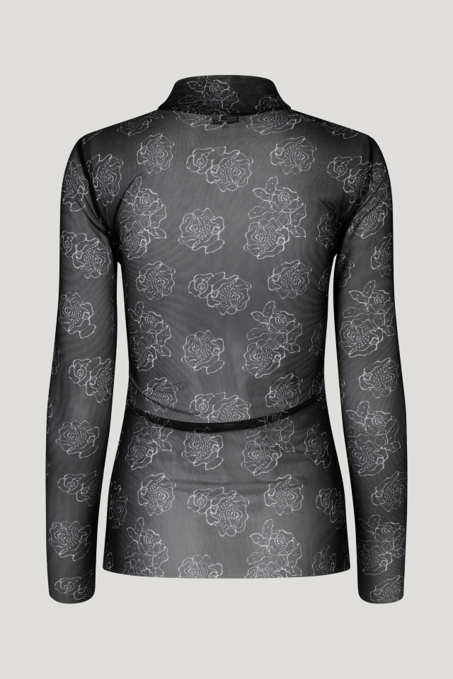 Jodi Top Black Embroidery Flower This stretchy turtleneck top features sheer sleeves and an interior lining - back image