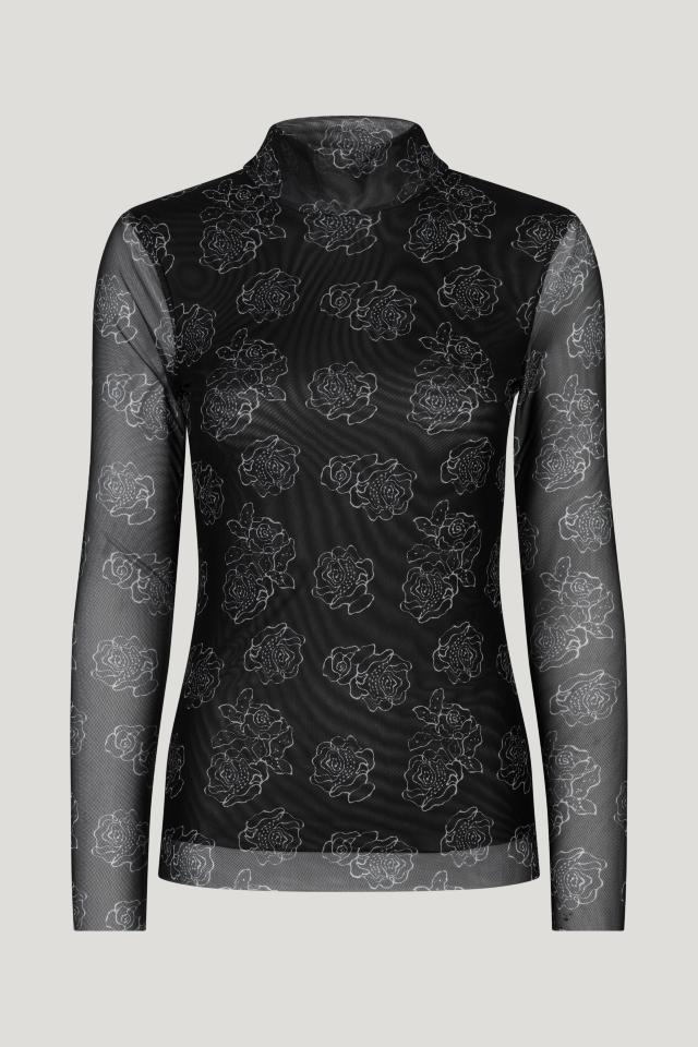 Jodi Top Black Embroidery Flower This stretchy turtleneck top features sheer sleeves and an interior lining - front image