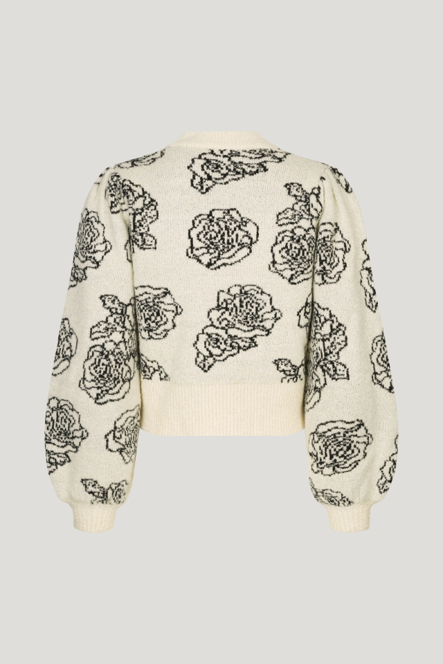 Cherika Trui Creme Embroidery Flower Kortere trui met ronde hals en licht gepoft effect bij de polsen - back image