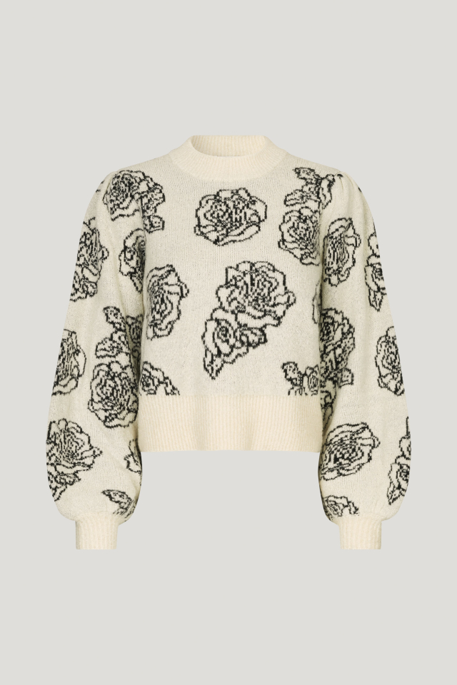 Cherika Trui Creme Embroidery Flower Kortere trui met ronde hals en licht gepoft effect bij de polsen - front image