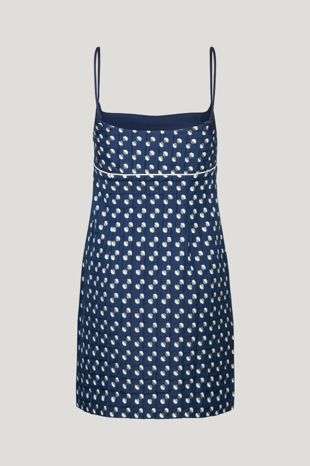 Alvera Dress Blue Jacquard Dot This jacquard minidress features spaghetti straps, a zip closure at the side, and an empire waist - back image