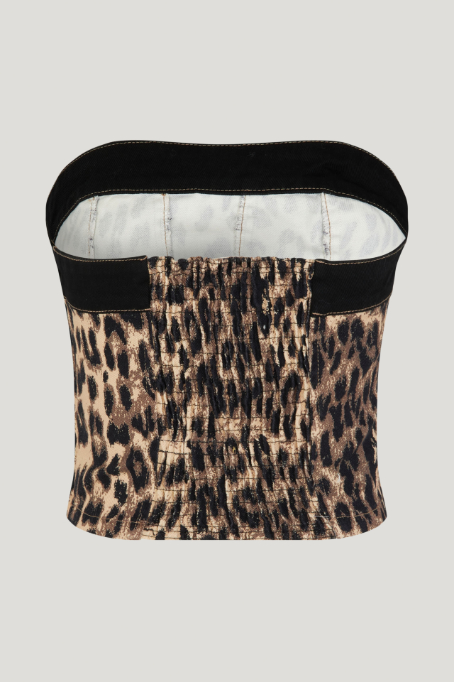 Linisha Top Brown Baum Leopard Kortere, mouwloze top in bustierstijl met hoge ronde hals en elastisch paneel aan de achterkant - back image