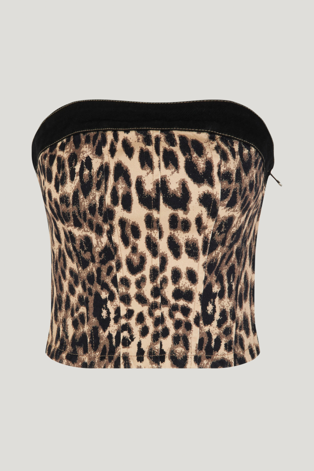 Linisha Top Brown Baum Leopard This cropped, sleevless bustier-style top features a high rounded neckline and elasticated panel at the back - front image