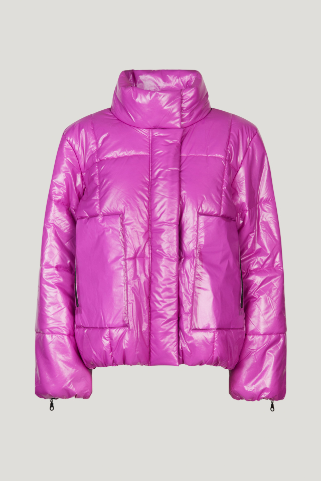 Brooks Jacket Radian Orchid This puffy jacket features zip and velcro closures, snap buttons at the neck, and zips at the sleeves - front image