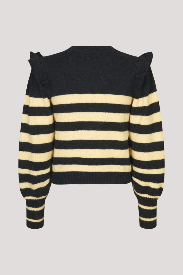 Camryn Trui Black Yellow Breton Zachte, gebreide trui met licht gepoft effect bij de polsen en ruches bij de schouders - back image