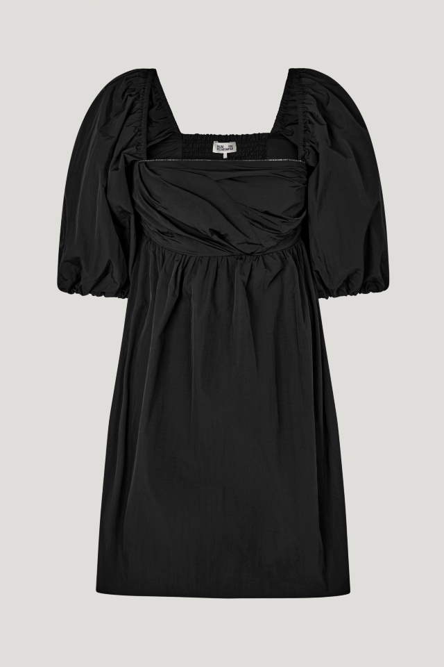 Aditi Dress Black This babydoll-style nylon dress feaures a zip closure at the side, elasticated shoulders and sleeves, and pockets at the sides - front image