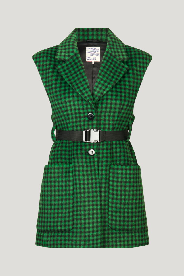 Bennu Coat Green Black Check This sleeveless vest features button closures, pockets at the front, and a notched lapel - front image