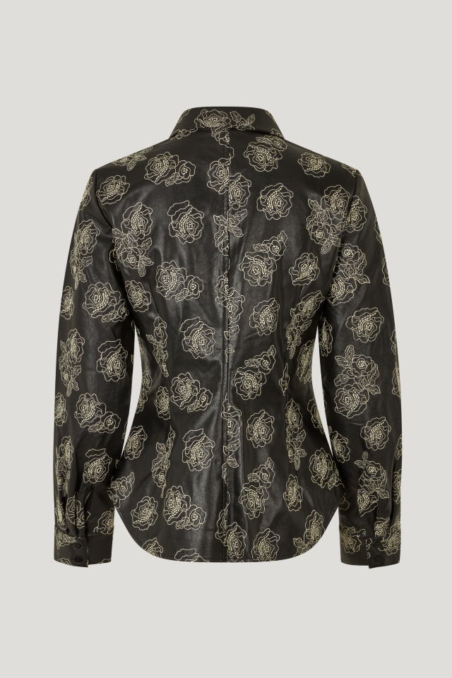 Manu Shirt Black Stitch Flower This structured button up shirt features a curved hem, embroidered pattern throughout, and buttons at the cuffs - back image