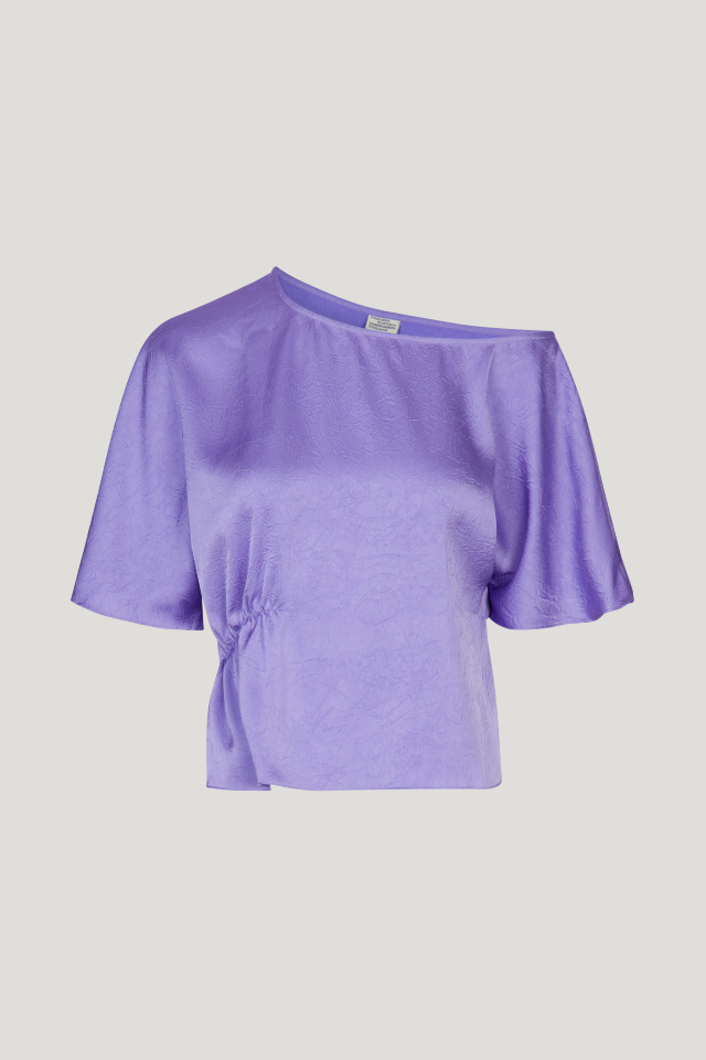 Margeaux Blouse Dahlia Purple This fluid top features an asymmetrical neckline, flutter sleeves, and ruching to one side for a flattering drape - front image