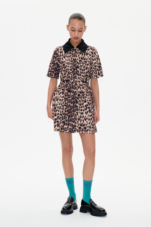 Anessa Dress Brown Baum Leopard This structured minidress features button closures in the front, an elasticated waist, and pockets at the sides - model image