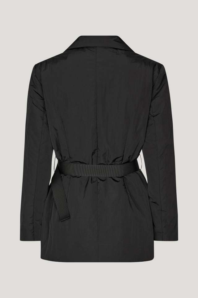 Baila Blazer Black This nylon jacket features button closures, a snap buckle belt at the waist, pockets at the front, and padded shoulders - back image