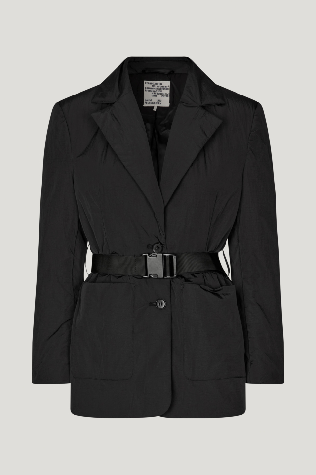 Baila Blazer Black This nylon jacket features button closures, a snap buckle belt at the waist, pockets at the front, and padded shoulders - front image