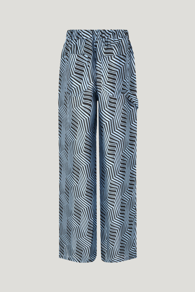 Neddie Trousers Blue Zebra These soft, high-rise trousers feature an elasticated waistband, drawstring tie at the waist, side pockets, and back pockets - back image