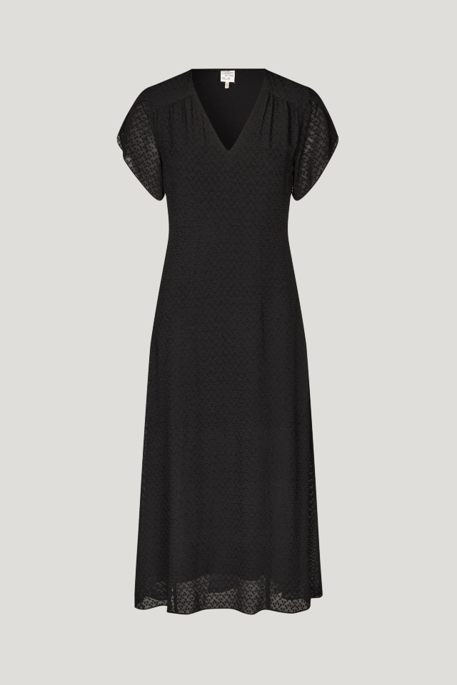 Aiyanna Vestido Black Este vestido midi presenta cuello de pico, cierre de cremallera en el lateral y mangas sueltas - front image